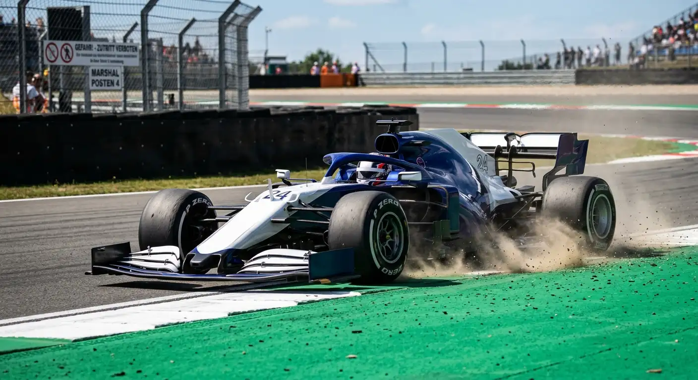 F1-Bolide überfährt die weiße Track-Limit-Linie am Randstein einer Hochgeschwindigkeitskurve