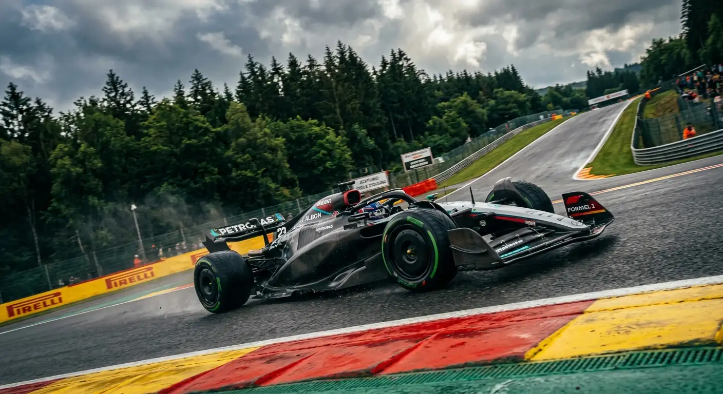 Formel-1-Auto durchfährt die steile Eau-Rouge-Passage in Spa bei wechselndem Wetter