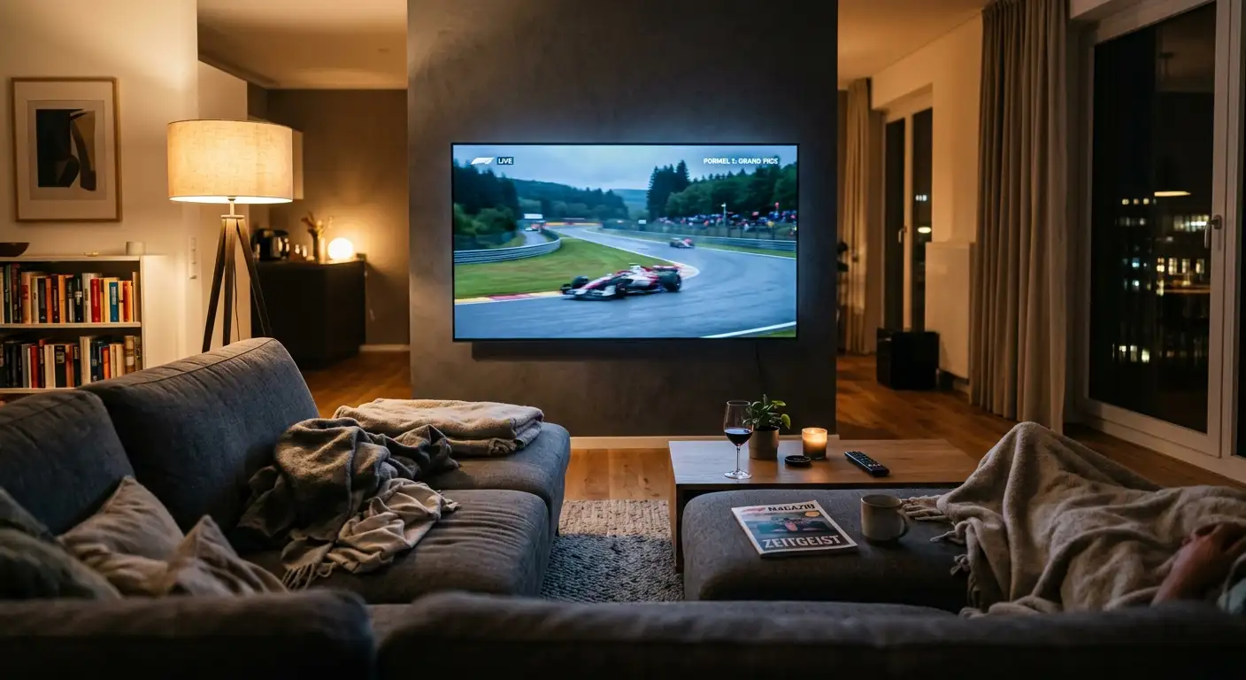Großer Fernseher zeigt eine Formel-1-Live-Übertragung in einem ruhigen Wohnzimmer am Abend
