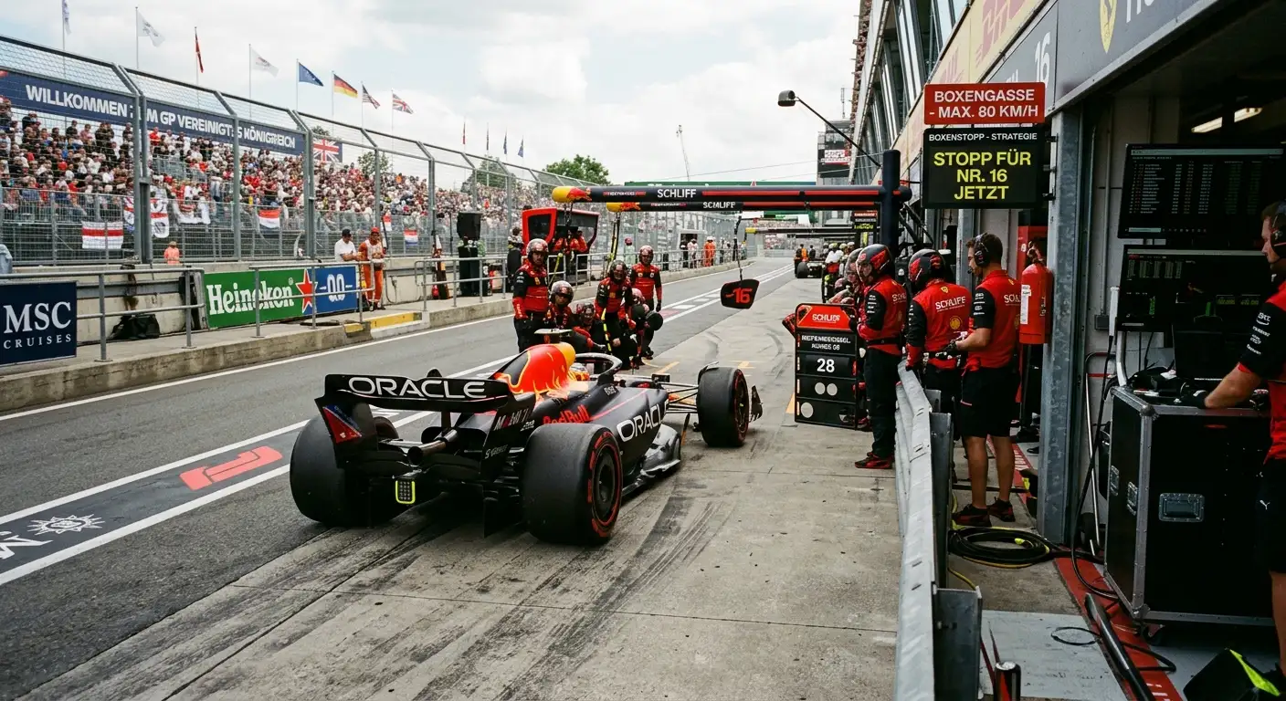 Formel-1-Auto in der engen Boxengasse, Undercut- und Overcut-Entscheidung in Monaco