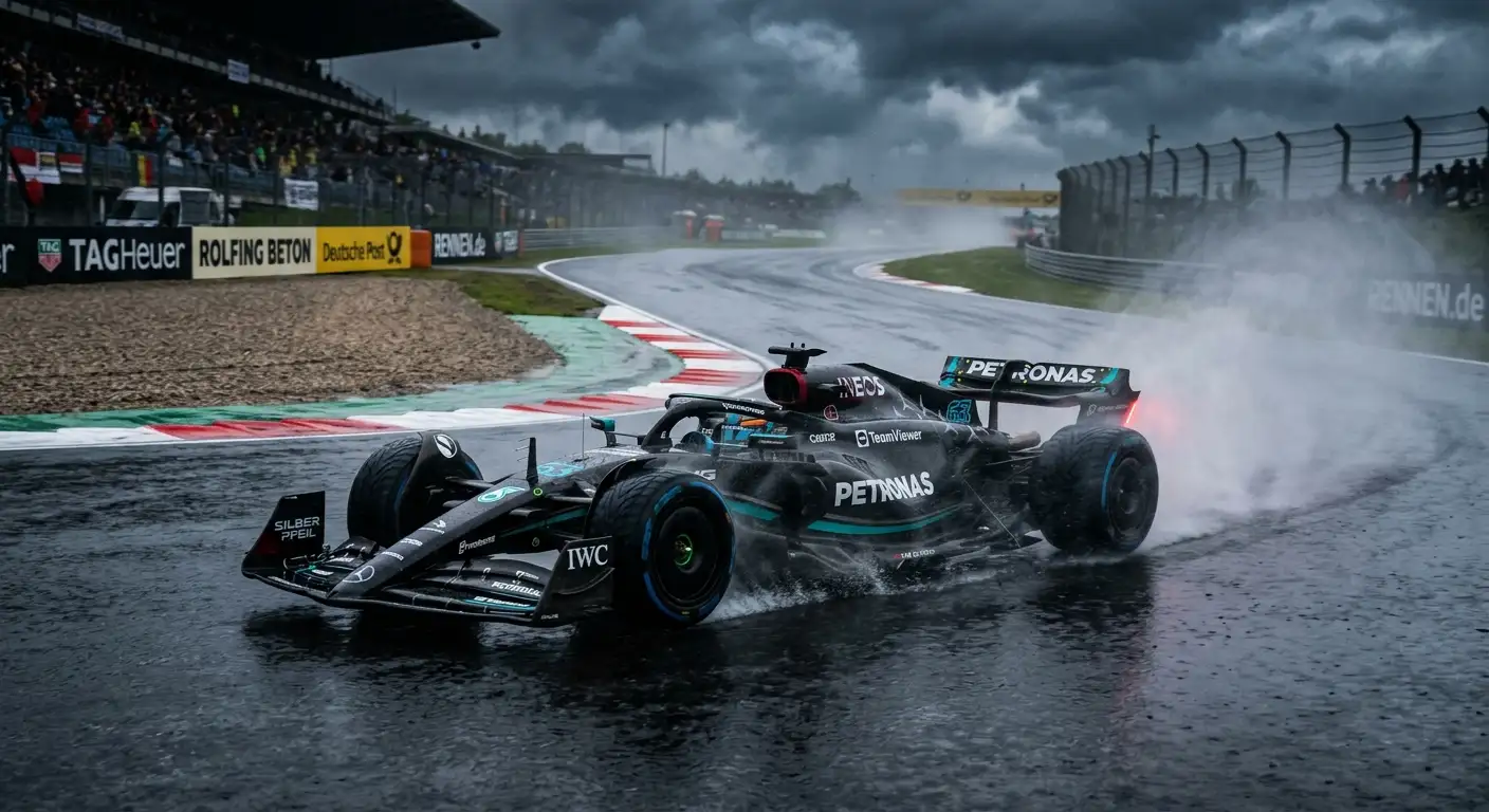 Formel-1-Auto eines Außenseiters auf nasser Rennstrecke bei Regen mit Gischt
