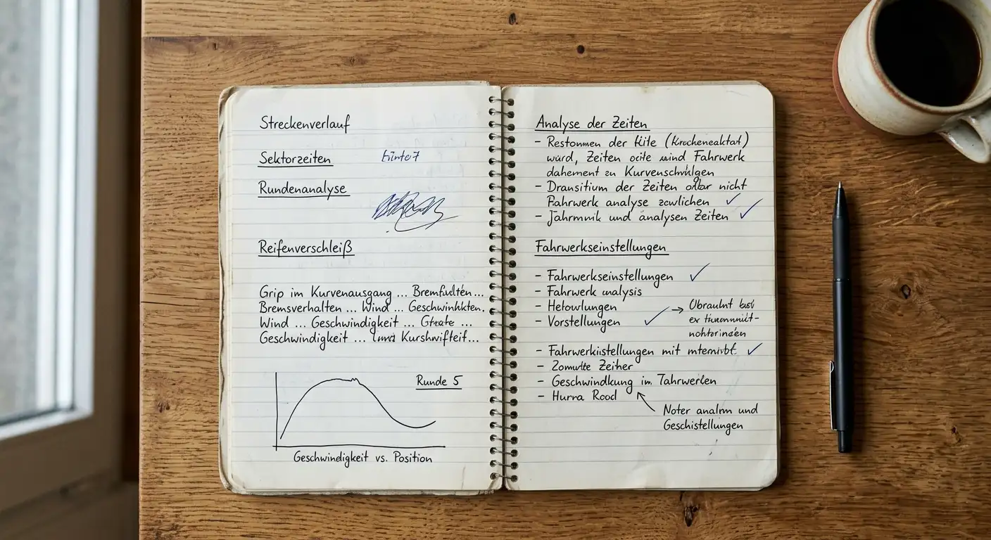 Aufgeschlagenes Notizbuch mit handschriftlichen Renndaten und einer einfachen Linienkurve, daneben ein Stift