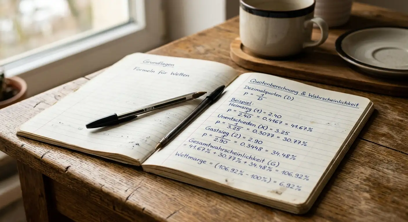 Tipper-Notizbuch mit handgeschriebenen Quotenformeln und einem Stift auf dem Tisch