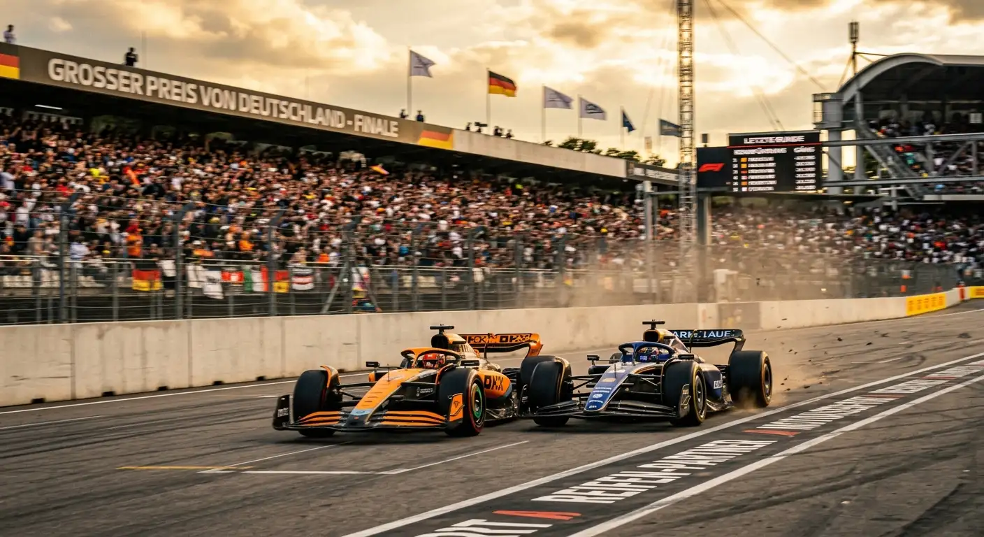 Zwei Formel-1-Boliden im engen Duell auf der Zielgeraden in der letzten Runde eines Titel-Entscheidungs-Rennens