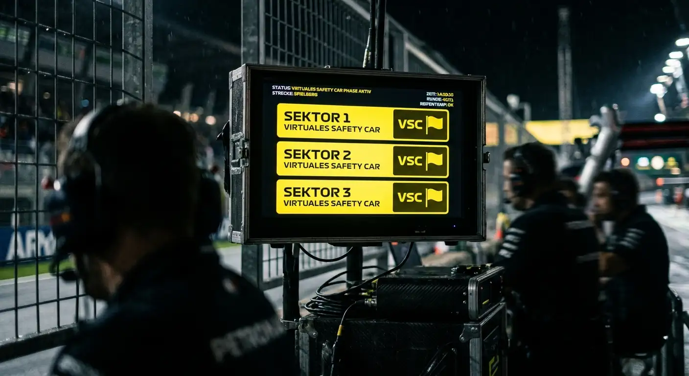 Pitwall-Monitor zeigt eine Virtual-Safety-Car-Phase mit gelben Sektor-Anzeigen während eines Rennens