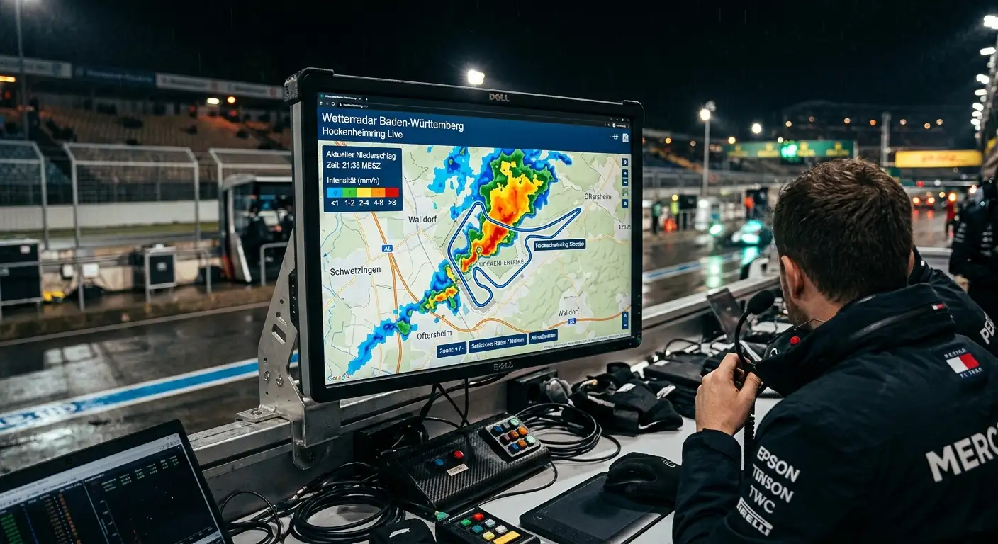 Wetterradar-Anzeige mit Niederschlagszonen über einer Formel-1-Rennstrecke