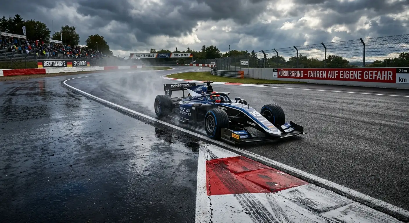 Formel-1-Rennstrecke mit nassem und trockenem Streckenabschnitt im direkten Vergleich