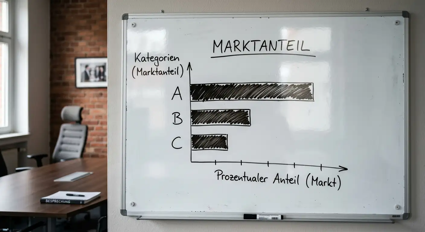 Saubere Balkendiagramm-Skizze zur Marktverteilung deutscher Sportwettenanbieter auf einem Whiteboard