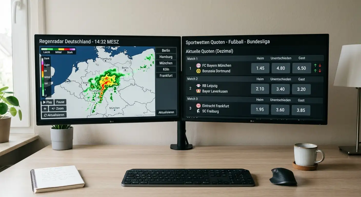 Wetterradar und Quotenanzeige nebeneinander, Linien-Bewegung am Renntag
