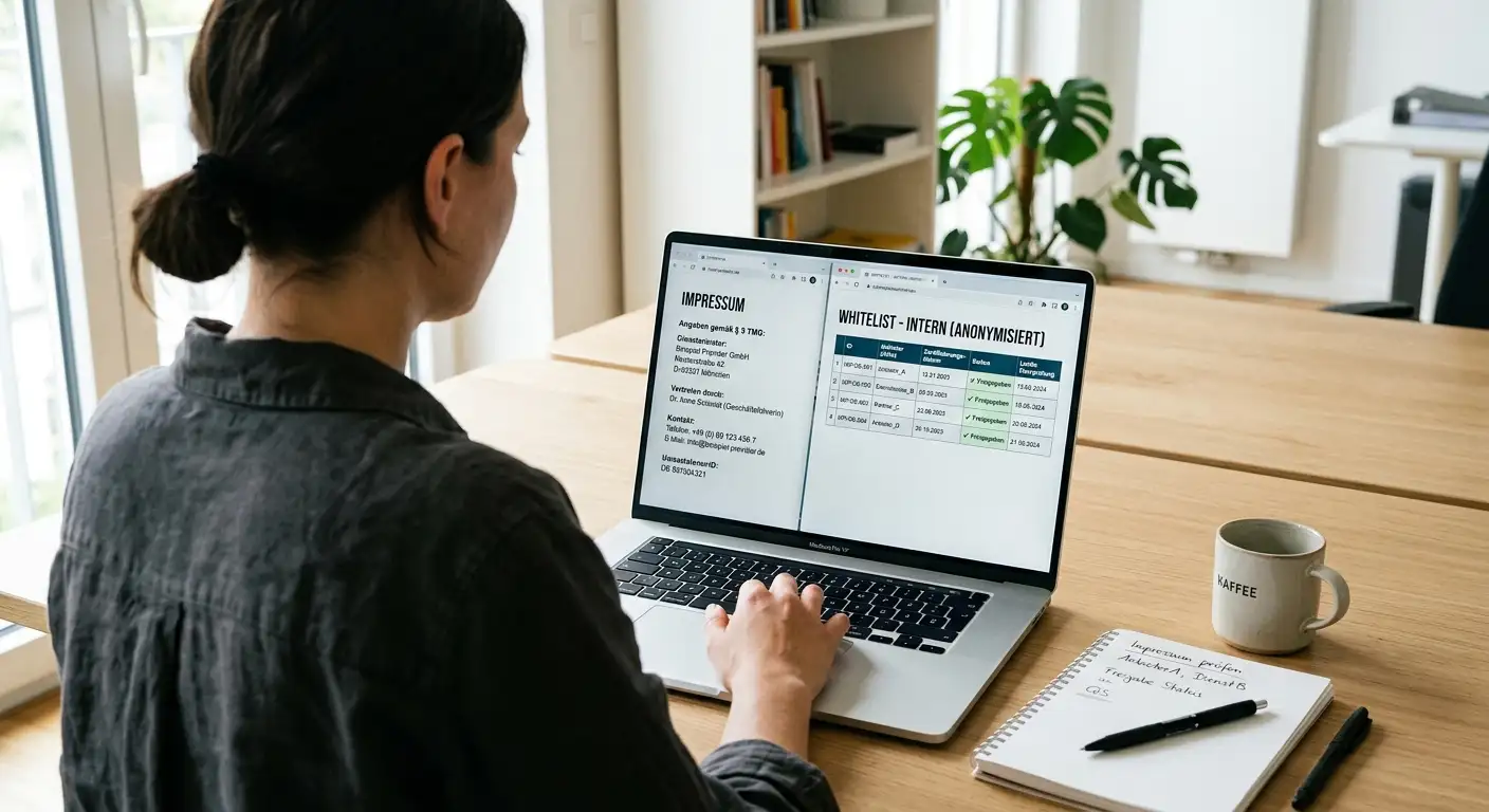 Tipper vergleicht das Impressum einer Wettseite mit der GGL-Whitelist auf einem Laptop